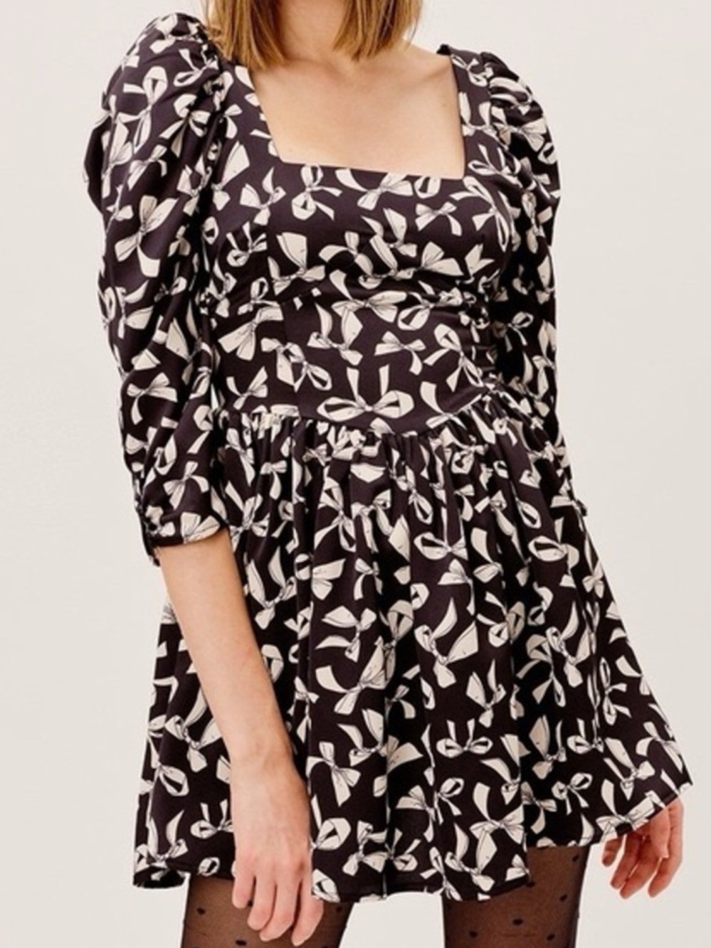 For Love & Lemons Angelica Black and White Bow-Print Mini Dress S